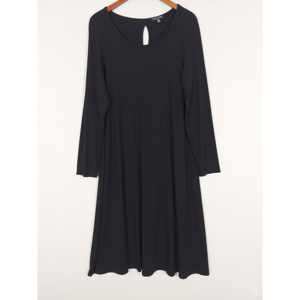 Eileen Fisher XL Black Stretch Jersey Knit A-Line Midi Dress Long Sleeve Keyhole